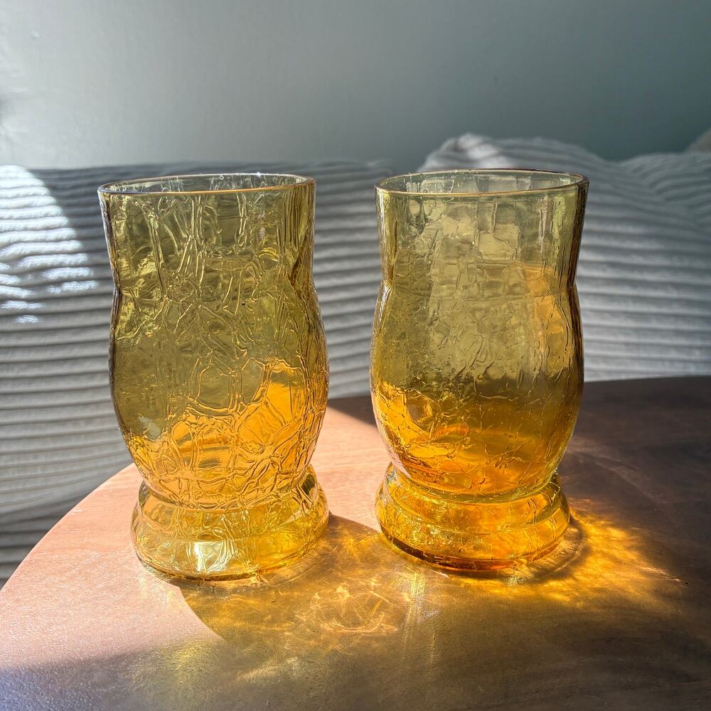 Vintage Anchor Hocking Lido Amber Glass Mid-Century Modern Crinkle Glass Set 2